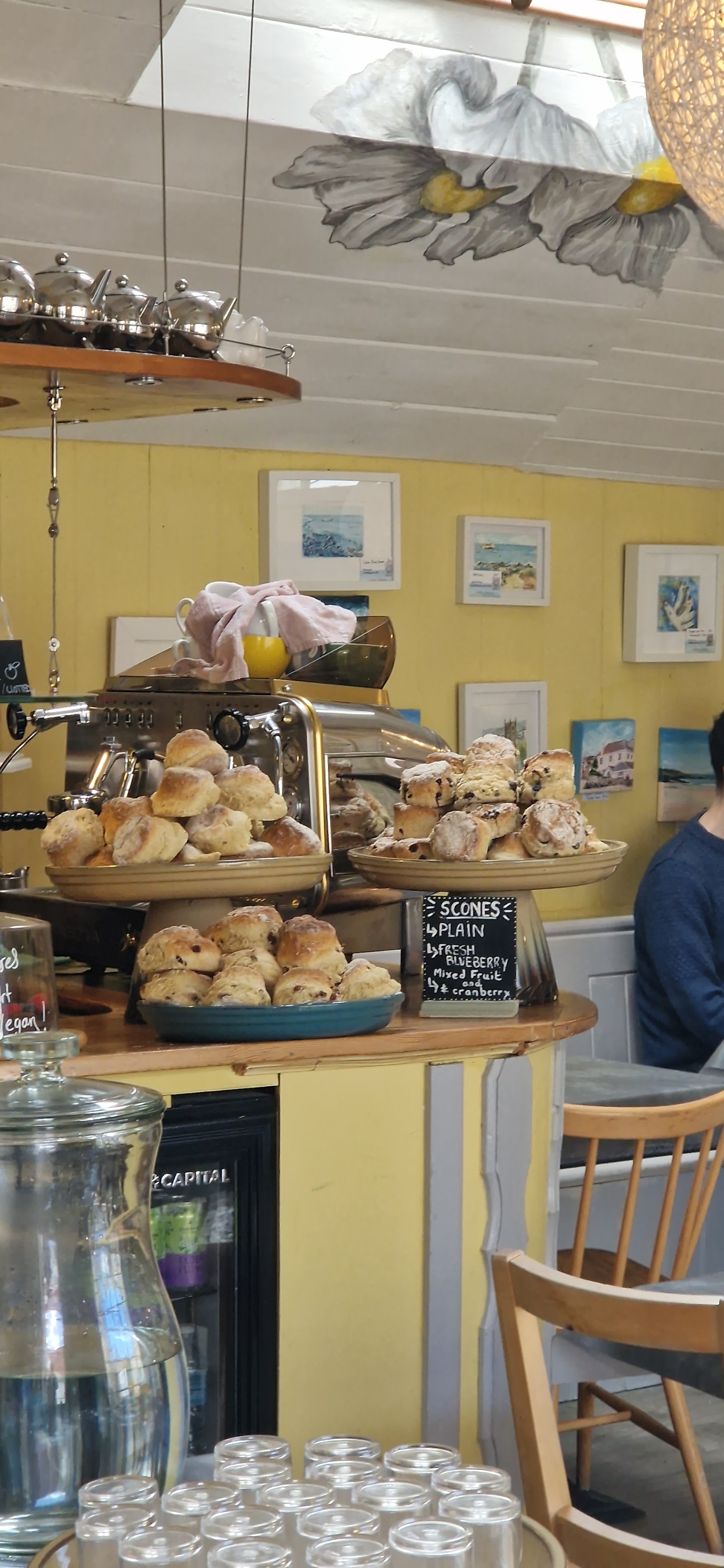 Freshly baked scones piled high on the counter